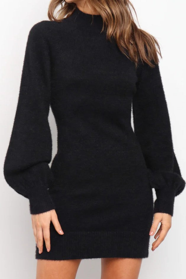 Black Fuzzy Knit Bishop Sleeve Mock Neck Dress