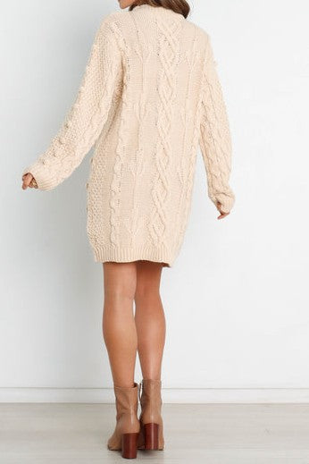 Beige Cable Knit Pom-Pom Sweater Dress