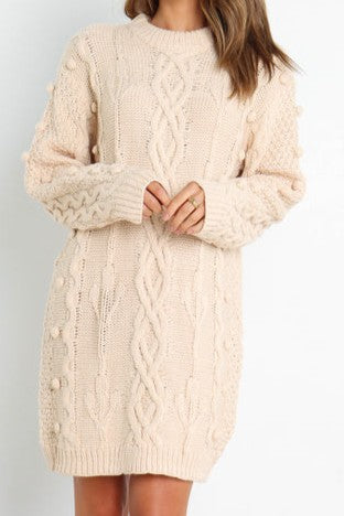 Beige Cable Knit Pom-Pom Sweater Dress