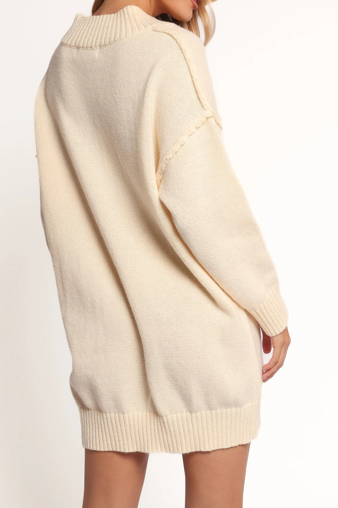 Cream Oversized V-Neck Drop-Shoulder Sweater Dress