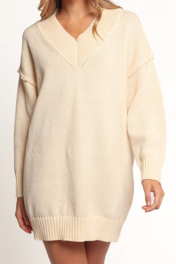 Cream Oversized V-Neck Drop-Shoulder Sweater Dress