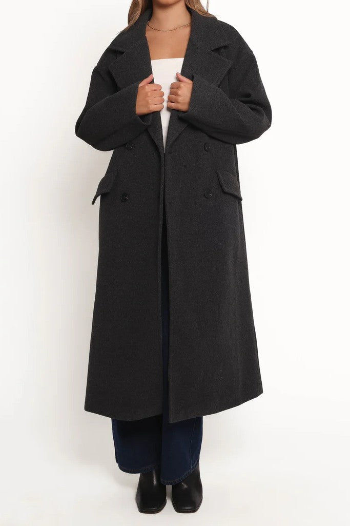 Charcoal Grey Oversized Double-Breasted Wool-Blend Longline Coat