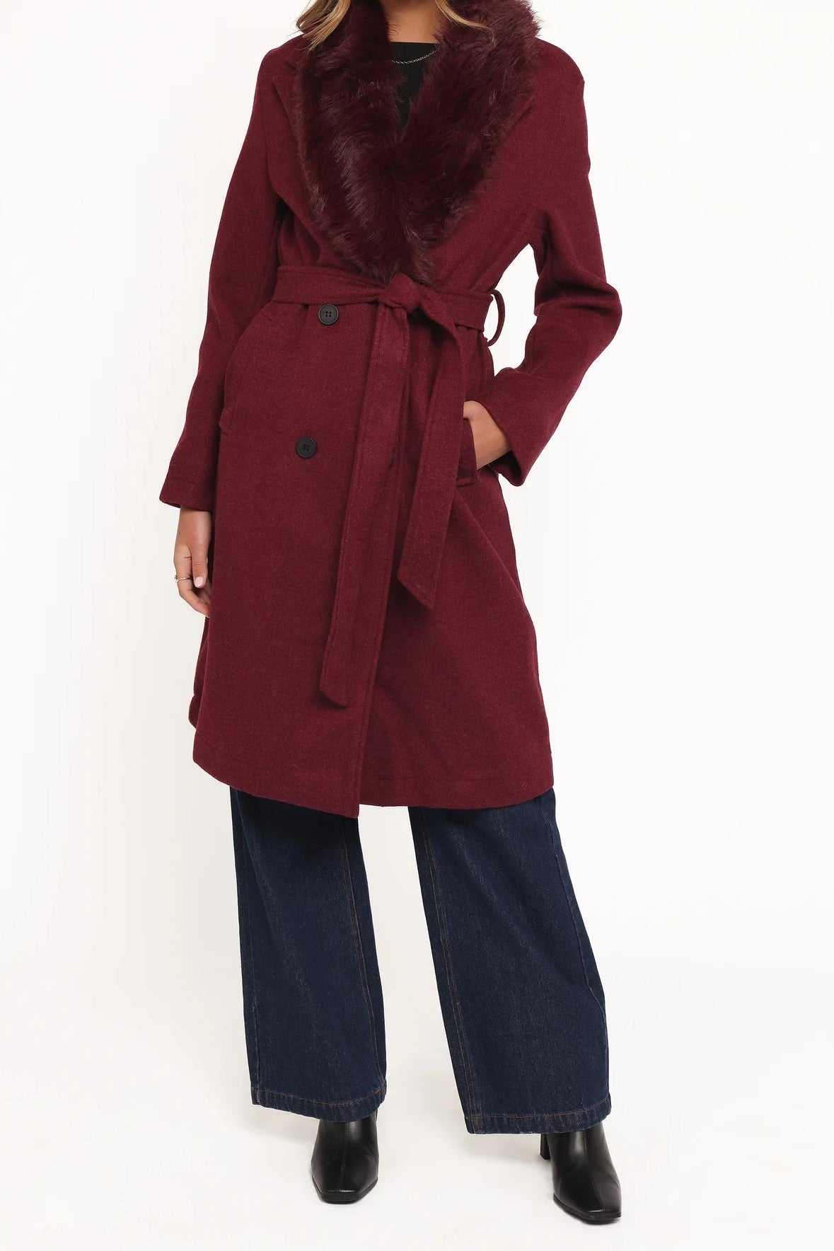 Burgundy Faux Fur Collar Tie-Waist Wool-Blend Mid-Length Coat