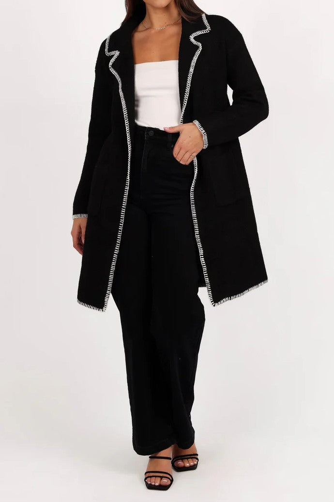 Black Contrast White Stitch Trim Knit Longline Cardigan Coat