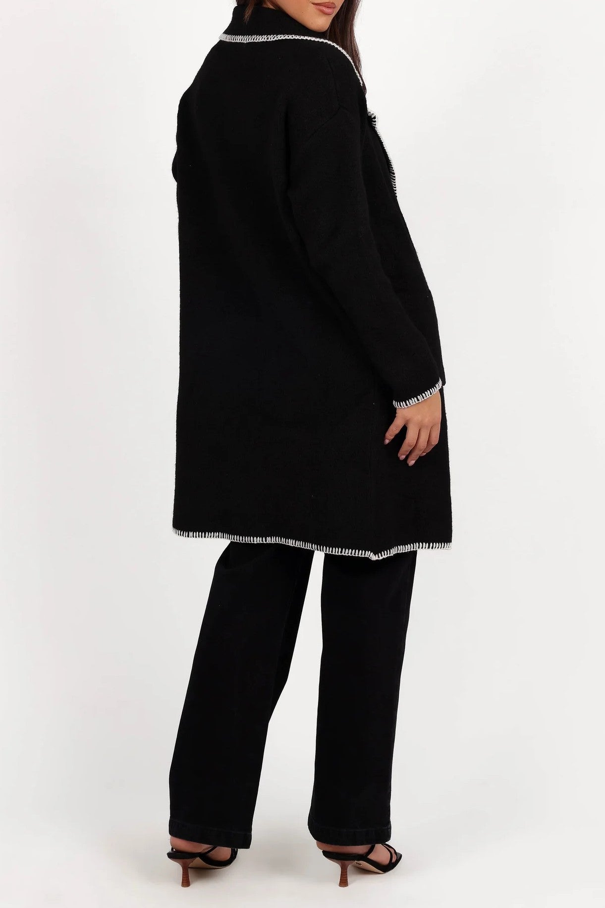 Black Contrast White Stitch Trim Knit Longline Cardigan Coat