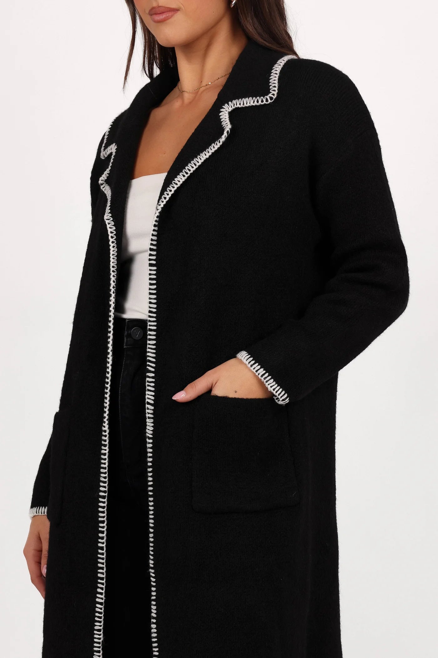 Black Contrast White Stitch Trim Knit Longline Cardigan Coat